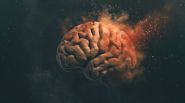 Abstract image of a human brain with vibrant colors and particles exploding in the background against a dark backdrop.