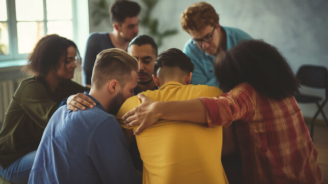 Group of people embracing in a supportive group session.