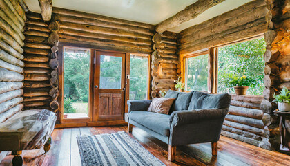 rustic, log, log cabin, room, home, furniture, house, window, design, lamp, architecture, wall, decor, wood,  living, light, indoor, comfortable, floor, pillow