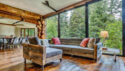 Obraz premium rustic, log, log cabin, room, home, furniture, house, window, design, lamp, architecture, wall, decor, wood, living, light, indoor, comfortable, floor, pillow