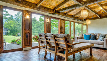 Fototapeta premium rustic, log, log cabin, room, home, furniture, house, window, design, lamp, architecture, wall, decor, wood, living, light, indoor, comfortable, floor, pillow