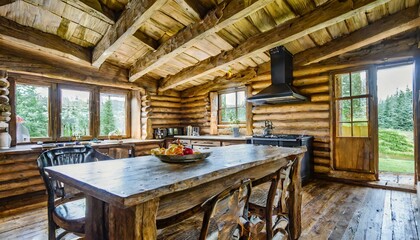 Fototapeta premium rustic, log, log cabin, room, home, furniture, house, window, design, lamp, architecture, wall, decor, wood, living, light, indoor, comfortable, floor, pillow