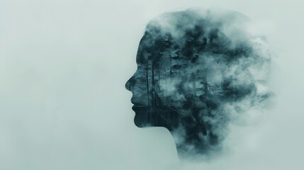 Silhouette of a human face amidst a misty, abstract smoke background, capturing imagination, mystery, and conceptual art.