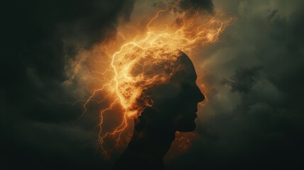 Silhouette of a human head with vibrant lightning inside, symbolizing intense thoughts and energy in a stormy setting.