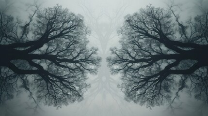 Surreal mirrored image of dark, barren trees against a foggy background, creating a mysterious and eerie atmosphere.