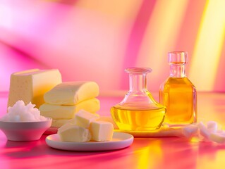 Assorted Cooking Ingredients Including Butter, Oil, and Sugar on a Bright, Colorful Background