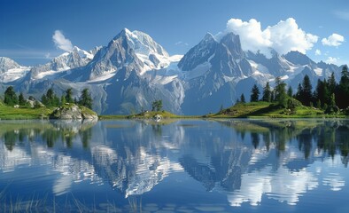 Picturesque Swiss Alps Lake Reflection On Sunny Day