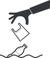 Isolated pictogram sign littering trash on water, hand throw plastic bag on polluted river illustration
