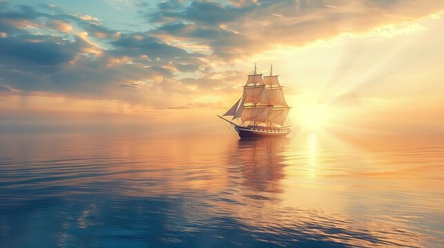 Sailing ship on calm sea at sunset, serene nautical scene. Tranquil journey and adventure concept