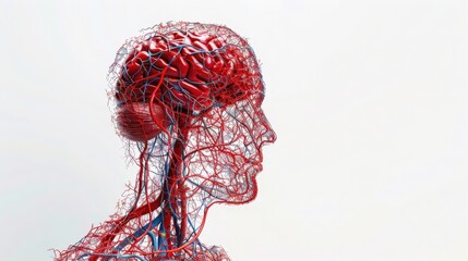 illustration of human brain and vascular system showing veins and arteries in profile view, highlighting circulatory system.