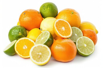 A fresh assortment of citrus fruits including oranges, lemons, and limes, showcasing their vibrant colors and juicy texture.