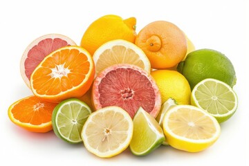 Fototapeta premium A vibrant assortment of fresh citrus fruits including lemons, limes, grapefruits, and oranges, showcasing their colorful slices and segments.