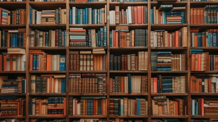 A well-organized bookshelf filled with various books of different genres and sizes. Perfect for literature, library, or education-themed projects.