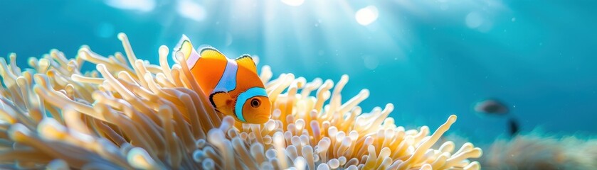 Vibrant underwater scene with a clownfish nestled in anemone, illuminated by sun rays filtering through crystal-clear waters.
