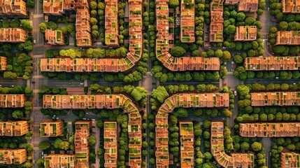 Aerial view of a suburban neighborhood with winding streets, lush greenery, and uniform houses. The image is geometrically appealing and vibrant.