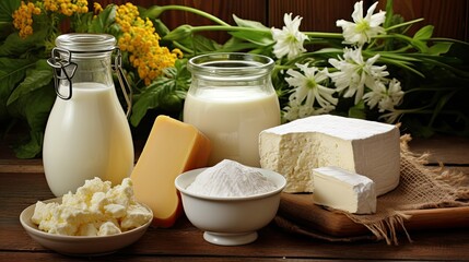 Milk and several types of cheese and cottage cheese on a wooden table