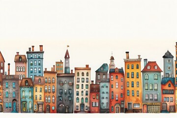 Obraz premium Colorful illustration of charming, whimsical row houses against a plain background, ideal for urban and architectural themes.