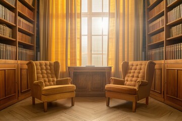 Cozy library with wooden shelves, lined with books, natural light through the window casting a warm glow on two vintage armchairs.