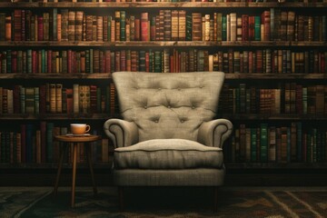 Cozy reading nook with a comfortable armchair, bookshelf filled with books, and a cup of coffee on a side table. Perfect for book lovers.