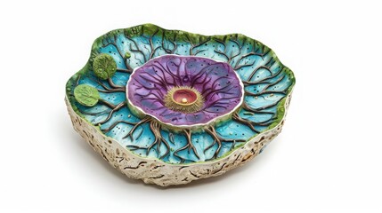 Intricate ceramic artwork featuring vibrant colors in a floral design on white background, perfect for artistic and decorative purposes.