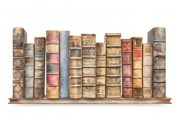 Vintage books arranged on a wooden shelf. Ideal for education, library, and literature themed designs. Antique feel and textured covers.