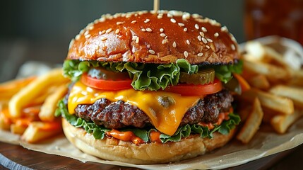 Tasty Delicious burger with a juicy beef patty, melted cheese, fresh lettuce, tomato, and pickles, served with a side of crispy fries and a cold drink. Illustration, Minimalism,