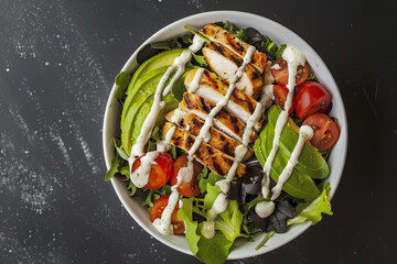 Overhead view of salad bowl with greens, grilled chicken, avocado, tomatoes, ranch in modern eatery.