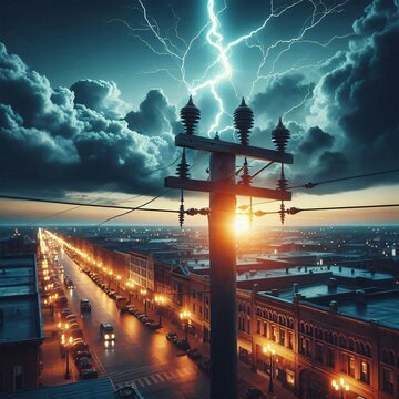 the view of lightning striking a lightning rod beautifully. cinematic style. close-up