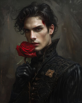 Charming handsome young vampire with red rose in retro style.