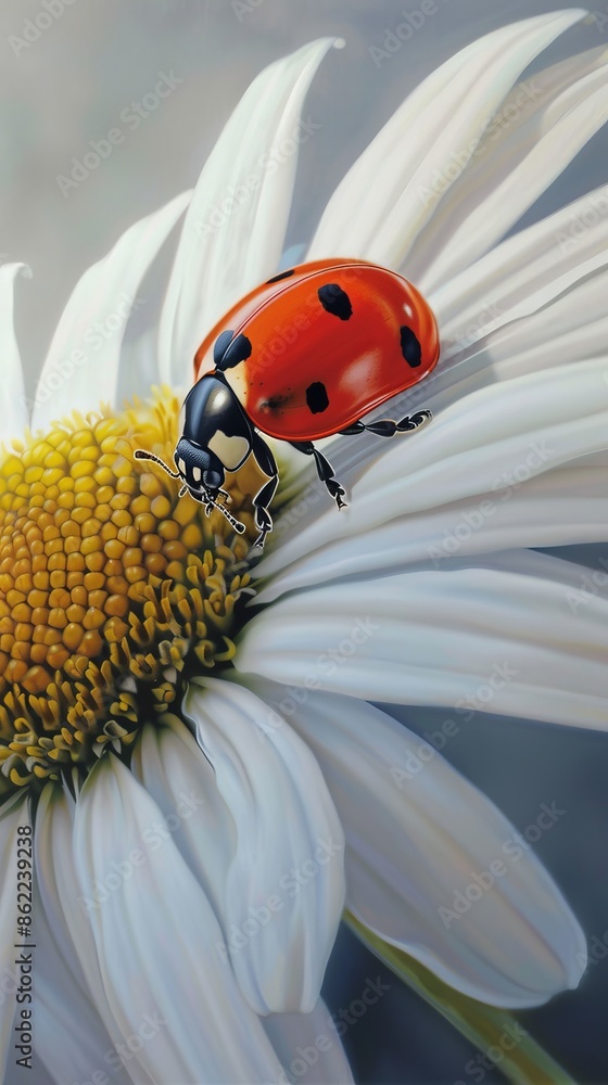 Wall mural ladybug on a white daisy flower, macro shot. nature and insects concept