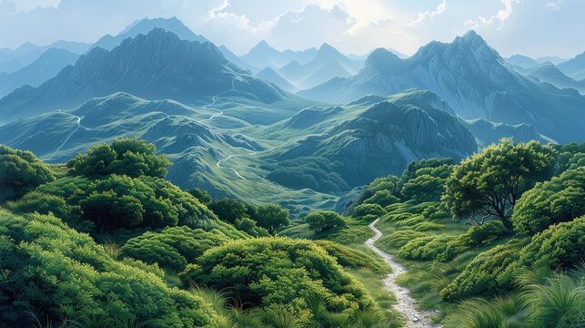 Travel Majestic mountain range with a winding hiking trail, inviting adventure and exploration for nature enthusiasts and travelers alike. Illustration, Minimalism,