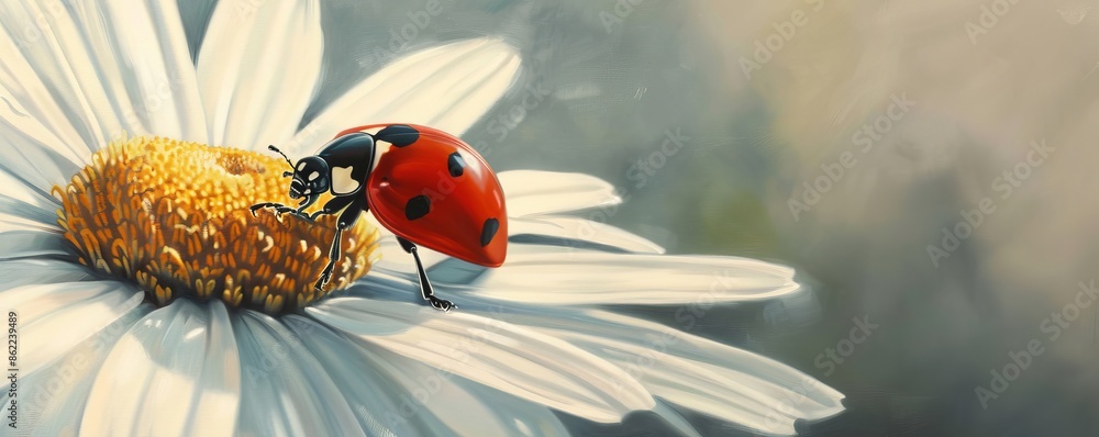 Wall mural ladybug on a white daisy with blurred background, macro photography. nature and wildlife concept