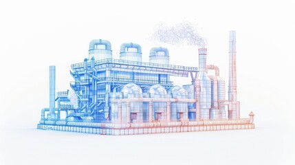 Obraz premium wireframe illustration of an industrial factory with smoke stacks and various mechanical elements, showcasing detailed design.