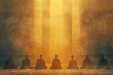 A group of people meditating in silhouette with a warm, golden light illuminating from above in a serene and spiritual setting.