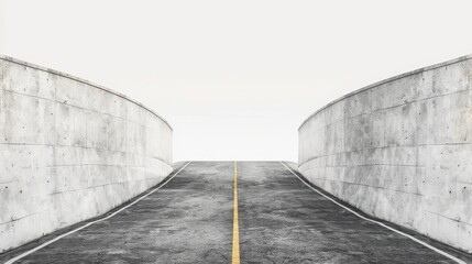 Obraz premium A minimalistic empty road between concrete walls, leading up and disappearing into a white sky. Urban infrastructure and modern transportation.