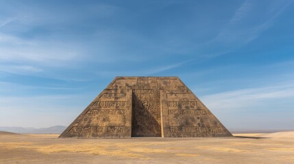 A majestic stone pyramid stands against a vibrant blue sky. Its timeworn structure hints at ancient architectural prowess and historical significance.