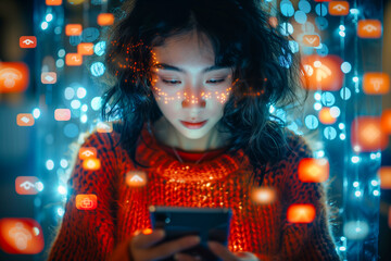 Young woman using smartphone, Social media concept. app icons and emojis are floating above the phone like holograms all around her.