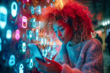 Young woman using smartphone, Social media concept. app icons and emojis are floating above the phone like holograms all around her.