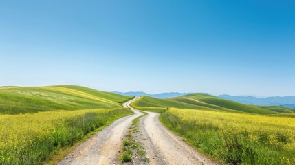 Fototapeta premium A winding dirt road through rolling green hills under a clear blue sky, representing tranquility and nature's beauty.