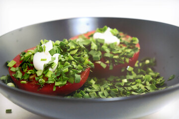 Chopped fresh ripe tomatoes with scallion and garlic on a plate. Turning plate close up. Healthy eating