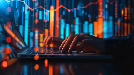 Hands typing on a laptop keyboard with abstract financial data charts in the background. Concept of technology, finance, and stock market trading.
