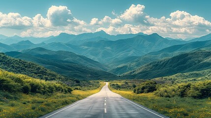 Travel Scenic view of a winding road through a mountainous landscape, inviting adventure and exploration, with a sense of freedom and discovery. Illustration, Minimalism,