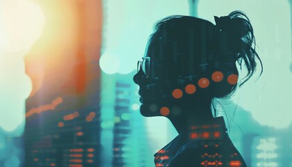 Silhouette of a woman wearing glasses overlaid with futuristic digital data and cityscape in the background.