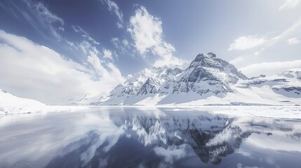 Majestic ice-covered mountains reflecting in calm sea waters at dawn