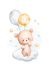 Watercolor Illustration Teddy Bear and Balloons on Cloud