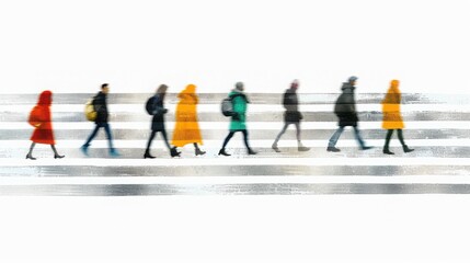 Obraz premium Blurred motion image of people crossing a street wearing colorful clothing, emphasizing urban movement and diversity in everyday city life.