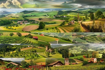 A collage capturing the charm of rural landscapes, with images of rolling hills, quaint villages, and vibrant farmlands, showcasing the peaceful and picturesque essence of the countryside.