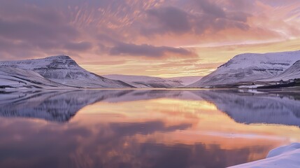 Majestic ice-covered mountains reflecting in calm sea waters at dawn