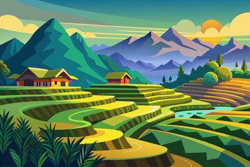 colorful vector illustration of rice terrace background