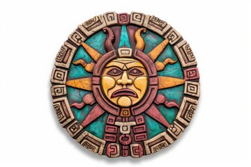 Colorful Aztec sunstone with intricate design featuring central face and symbolic patterns on a white background.